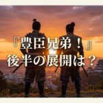 夕焼け空と遠くの城を見下ろす二人の武士の後ろ姿を背景に、「『豊臣兄弟!』後半の展開は?」という文字が中央に大きく配置された画像