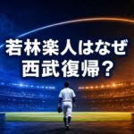 青とオレンジに分かれた球場へ進む野球選手の後ろ姿と「若林楽人はなぜ西武復帰?」の文字