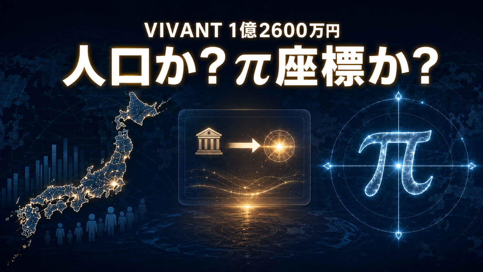 日本列島と送金画面、πの座標図で1億2600万円の人口説と座標説を対比した画像