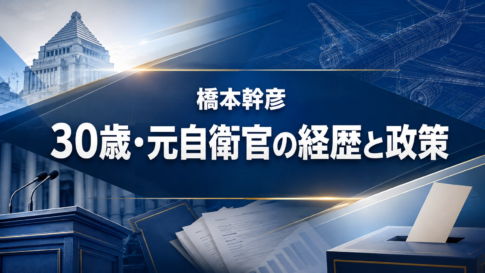 国会議事堂や演説台、投票箱を背景に「橋本幹彦 30歳・元自衛官の経歴と政策」と記したアイキャッチ