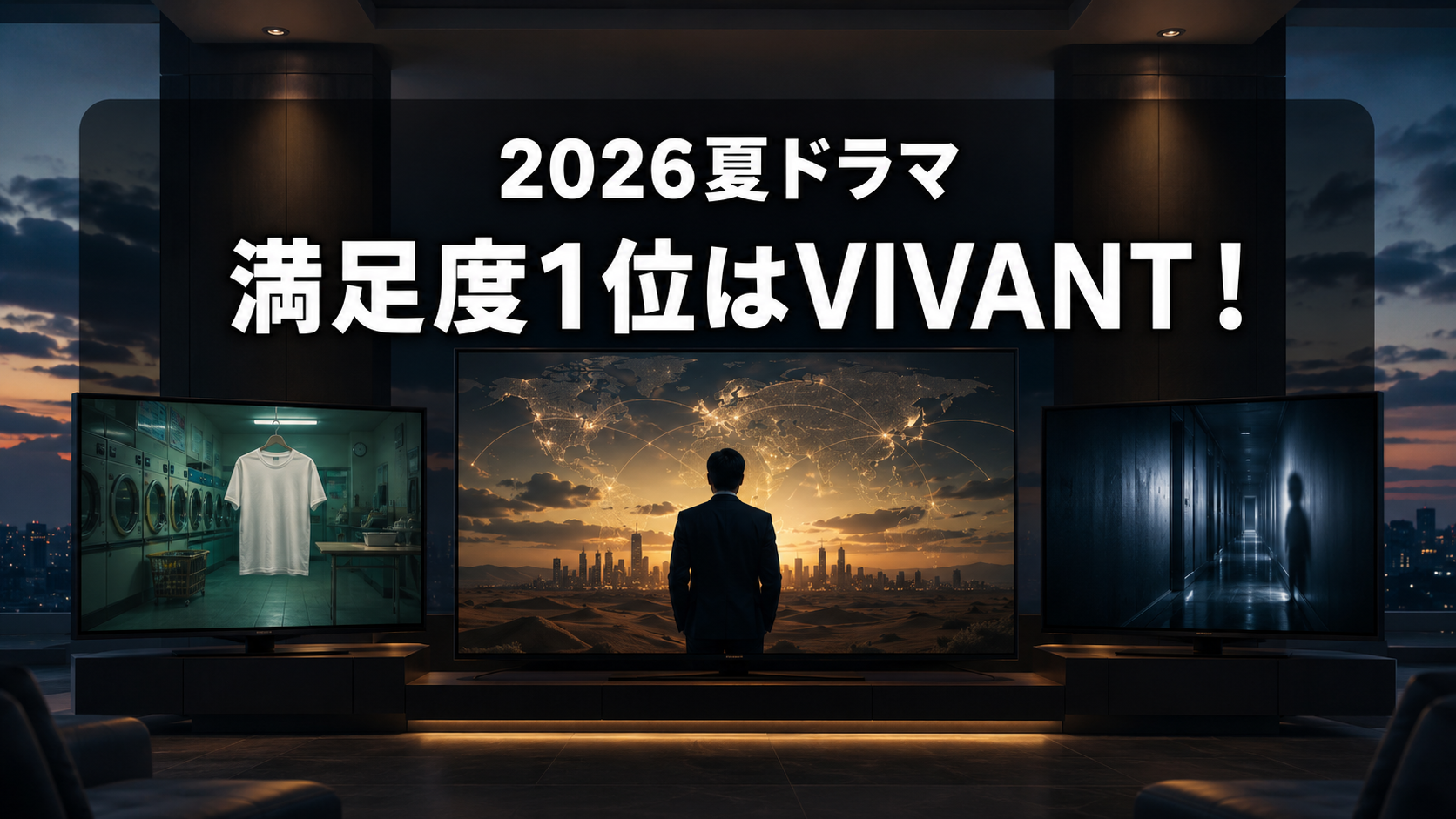 3つのテレビ画面と人物の後ろ姿で、2026年夏ドラマ満足度ランキングを表現したイメージ