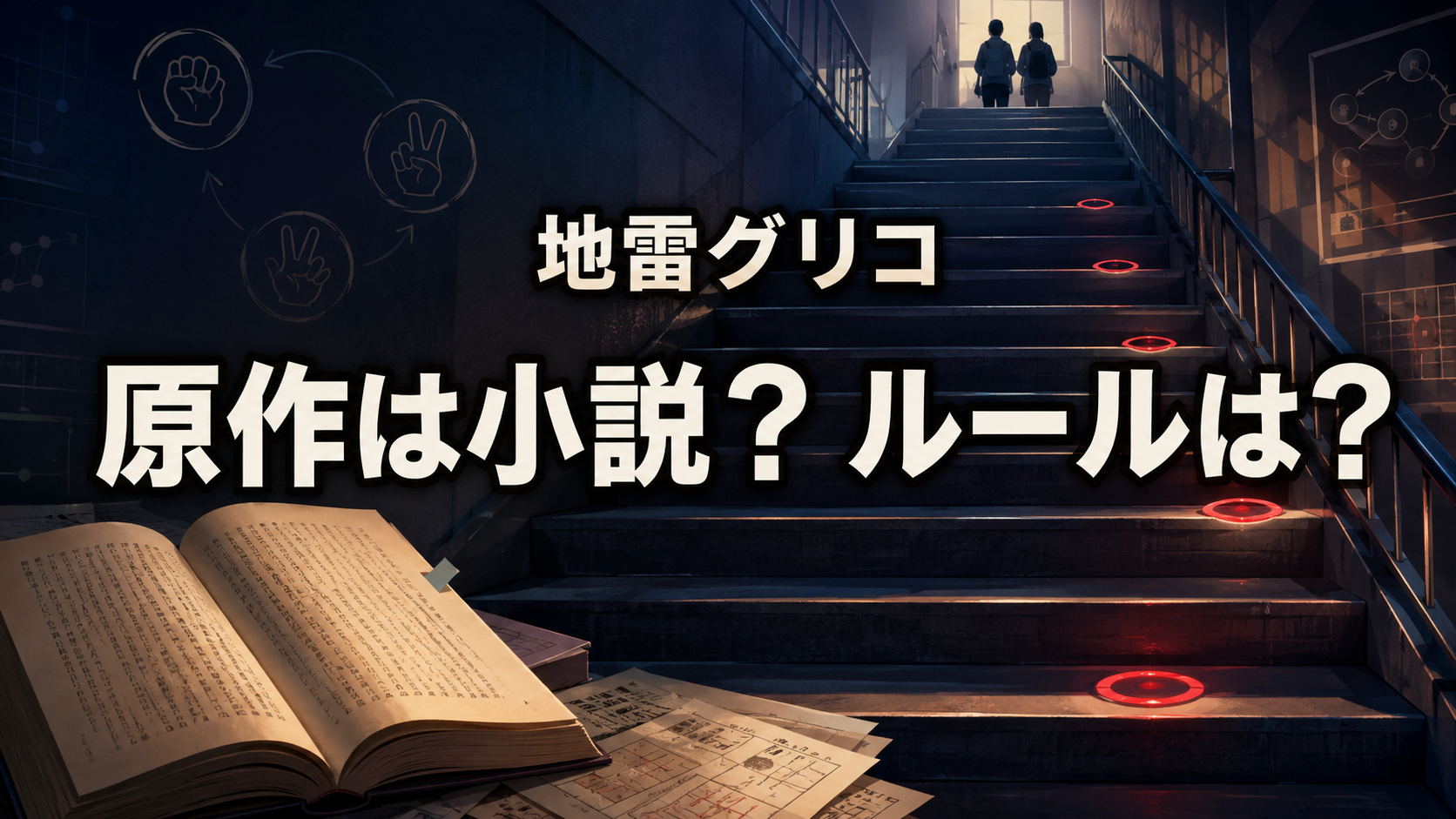 赤い地雷マーカーが置かれた学校の階段と開いた小説で、『地雷グリコ』の原作とゲームルールを表現した画像