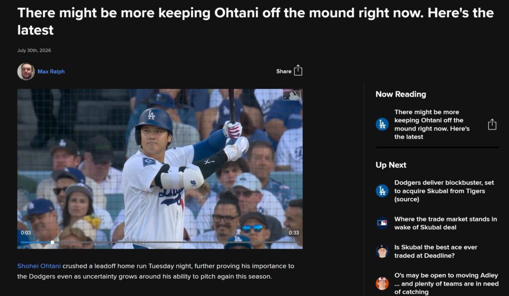 MLB.comの負傷情報では、大谷翔平選手は打者としては出場を続ける一方、投手としての復帰時期は決まっていないと伝えるMLBサイト