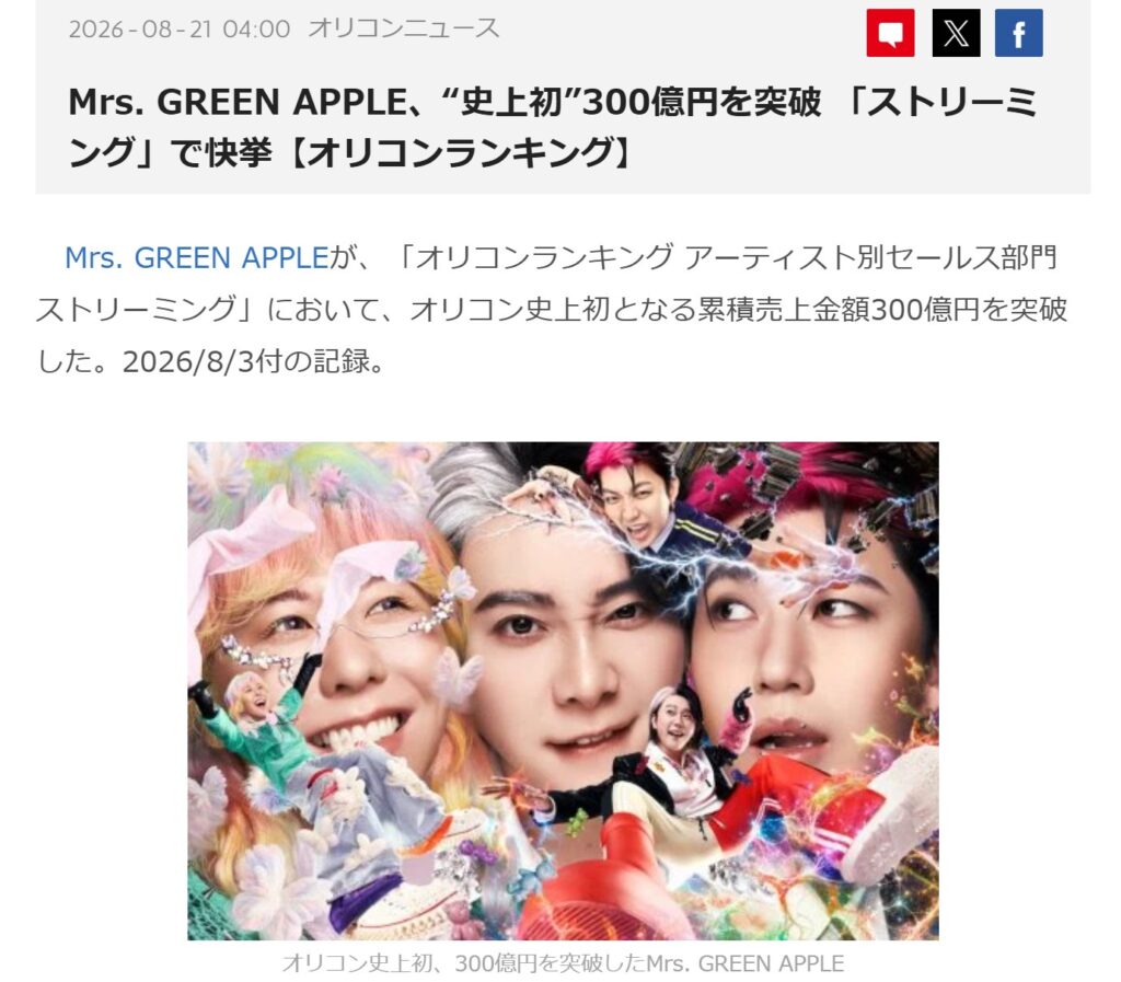 Mrs. GREEN APPLEがオリコンの「アーティスト別セールス部門 ストリーミング」で、史上初となる累積売上金額300億円を突破:ORICON NEWSの発表
