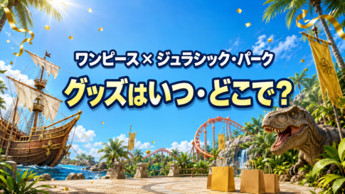 帆船と恐竜が並ぶ明るいテーマパークで、コラボグッズの発売日と販売場所を表した画像