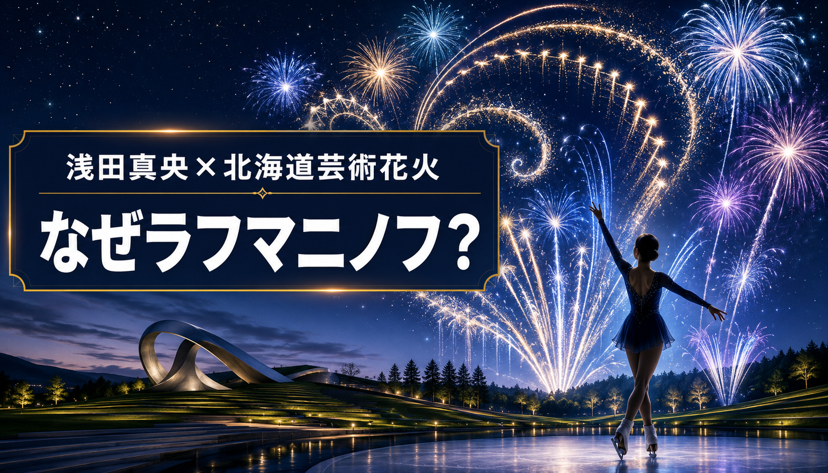 夜空の花火とフィギュアスケーターのシルエットに「浅田真央×北海道芸術花火 なぜラフマニノフ？」と表示した画像