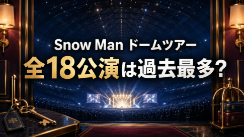高級ホテル風の入口から照明に包まれたドーム公演を望むSnow Manツアーのイメージ
