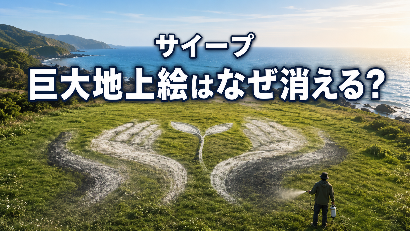 海辺の草地に描かれた巨大な手と芽の地上絵で、サイープさんの作品が消える理由を表したイメージ