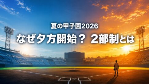 朝の青空から夕方の夕焼けへ移り変わる野球場と、夏の甲子園2026の2部制を伝える文字