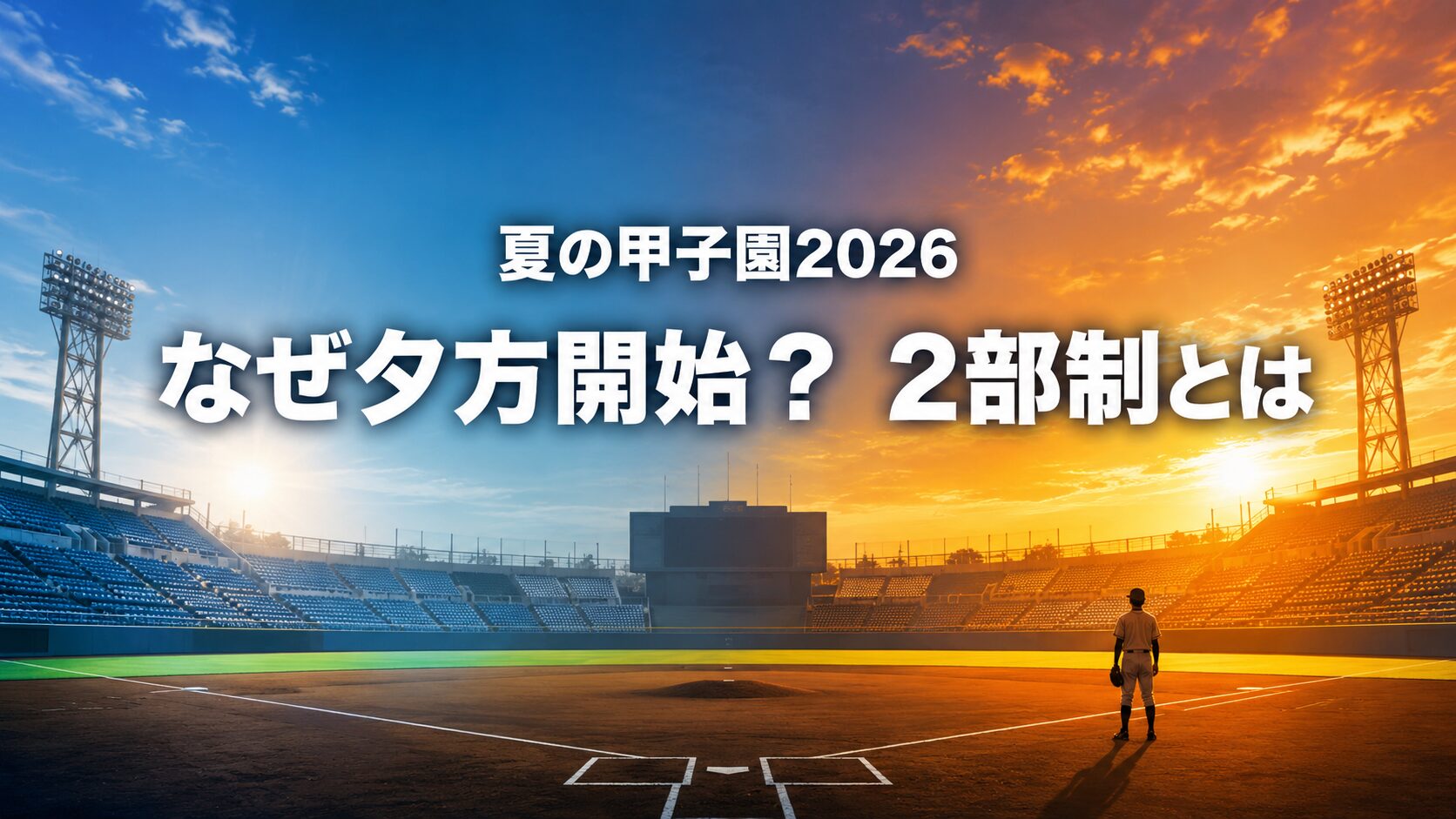 朝の青空から夕方の夕焼けへ移り変わる野球場と、夏の甲子園2026の2部制を伝える文字