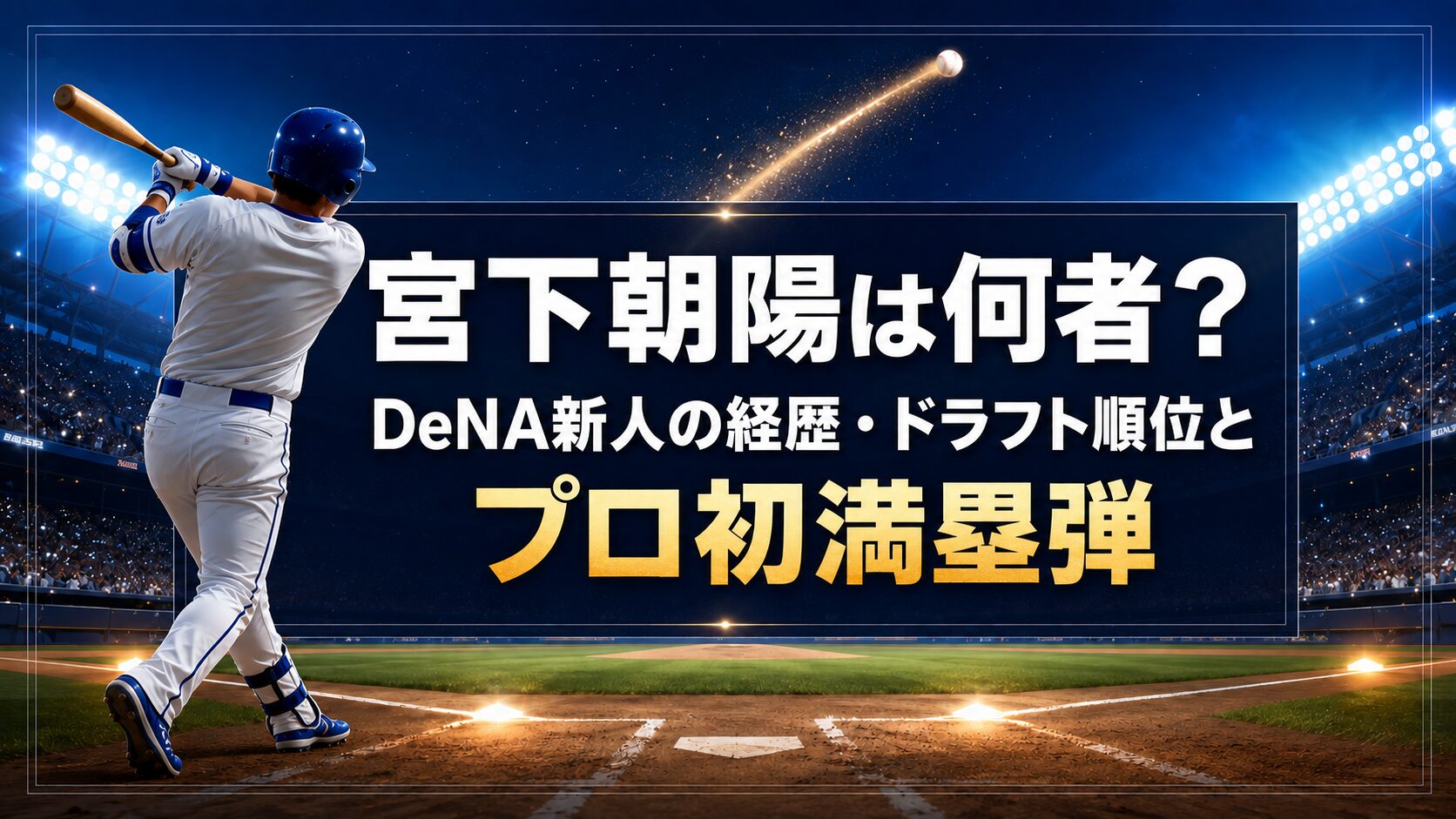 夜の野球場で右打ちの若手打者が満塁本塁打を放つ後ろ姿と、宮下朝陽さんの経歴・ドラフト順位を紹介する文字