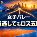 女子バレー選手とロサンゼルスの夕景、五輪への3つの出場ルートを表した画像