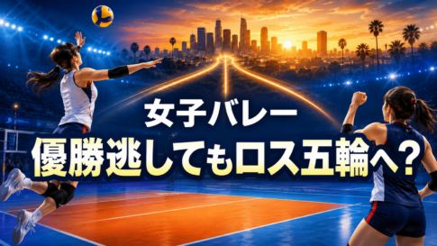 女子バレー選手とロサンゼルスの夕景、五輪への3つの出場ルートを表した画像