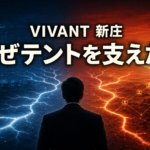 青い情報分析室と赤い砂漠の間に立つ男性の後ろ姿で、『VIVANT』新庄がテントを支えた理由を表した画像