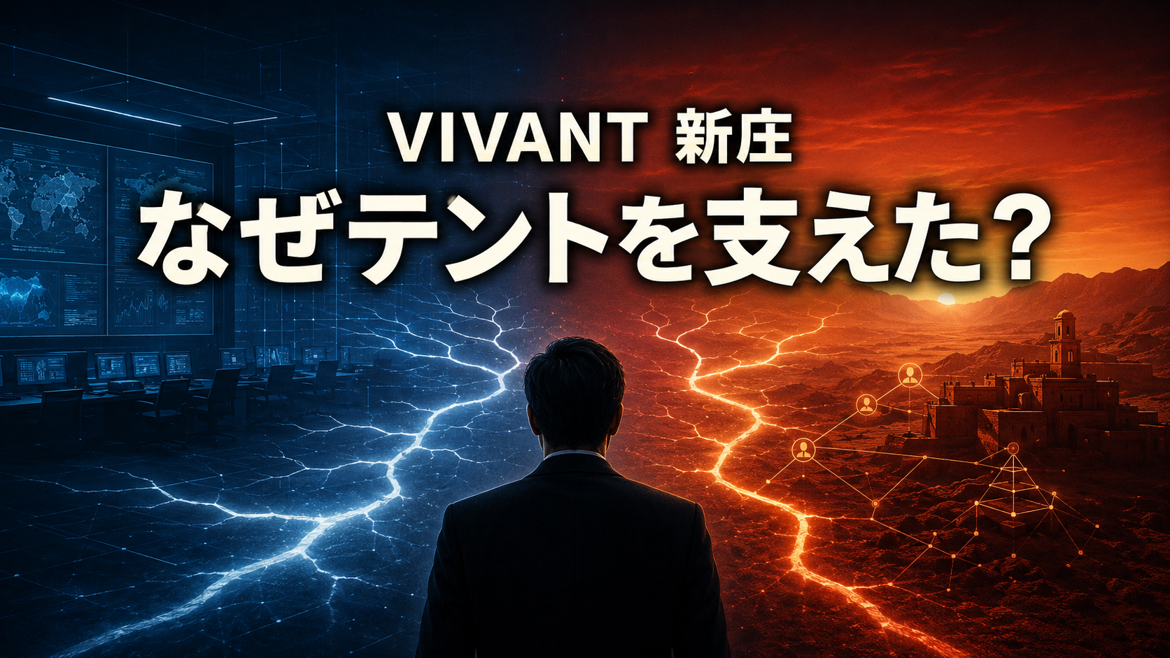 青い情報分析室と赤い砂漠の間に立つ男性の後ろ姿で、『VIVANT』新庄がテントを支えた理由を表した画像