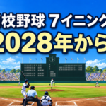 昼間の高校野球場を背景に、7イニング制が2028年から始まるのかを示した画像