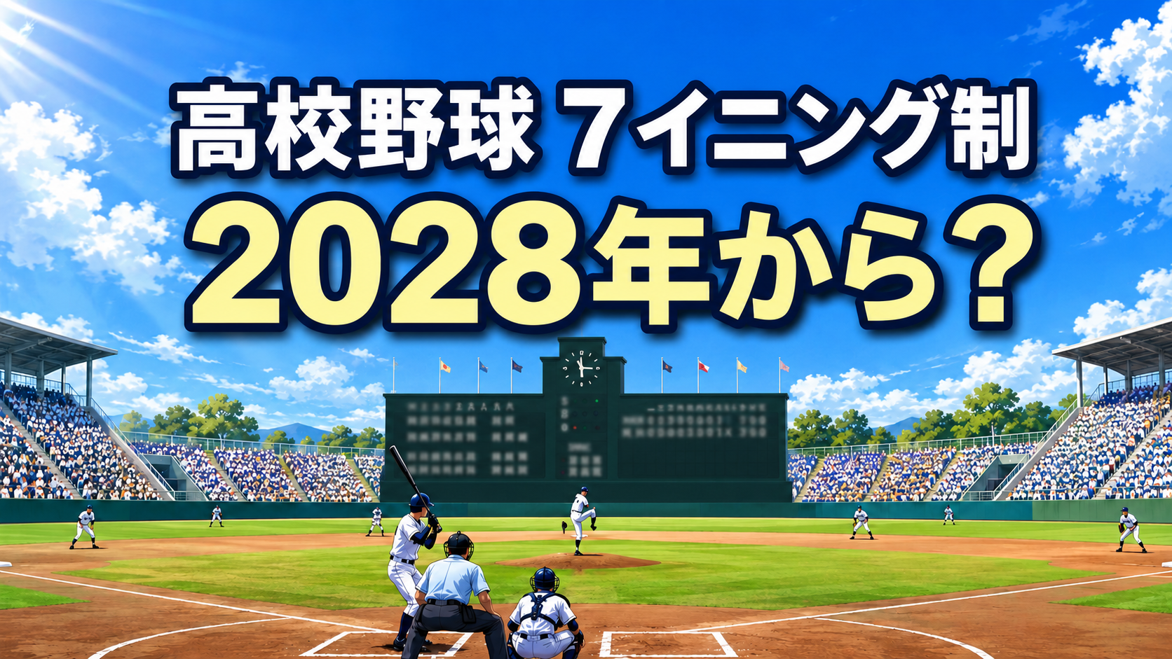 昼間の高校野球場を背景に、7イニング制が2028年から始まるのかを示した画像