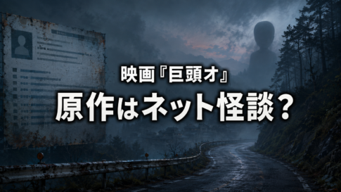 霧に包まれた山道と古いネット掲示板、遠くの怪異で映画『巨頭オ』の原作を表した画像