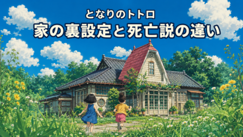 夏空の下、赤い急勾配屋根の和洋折衷住宅へ走る二人の少女と「家の裏設定と死亡説の違い」の文字