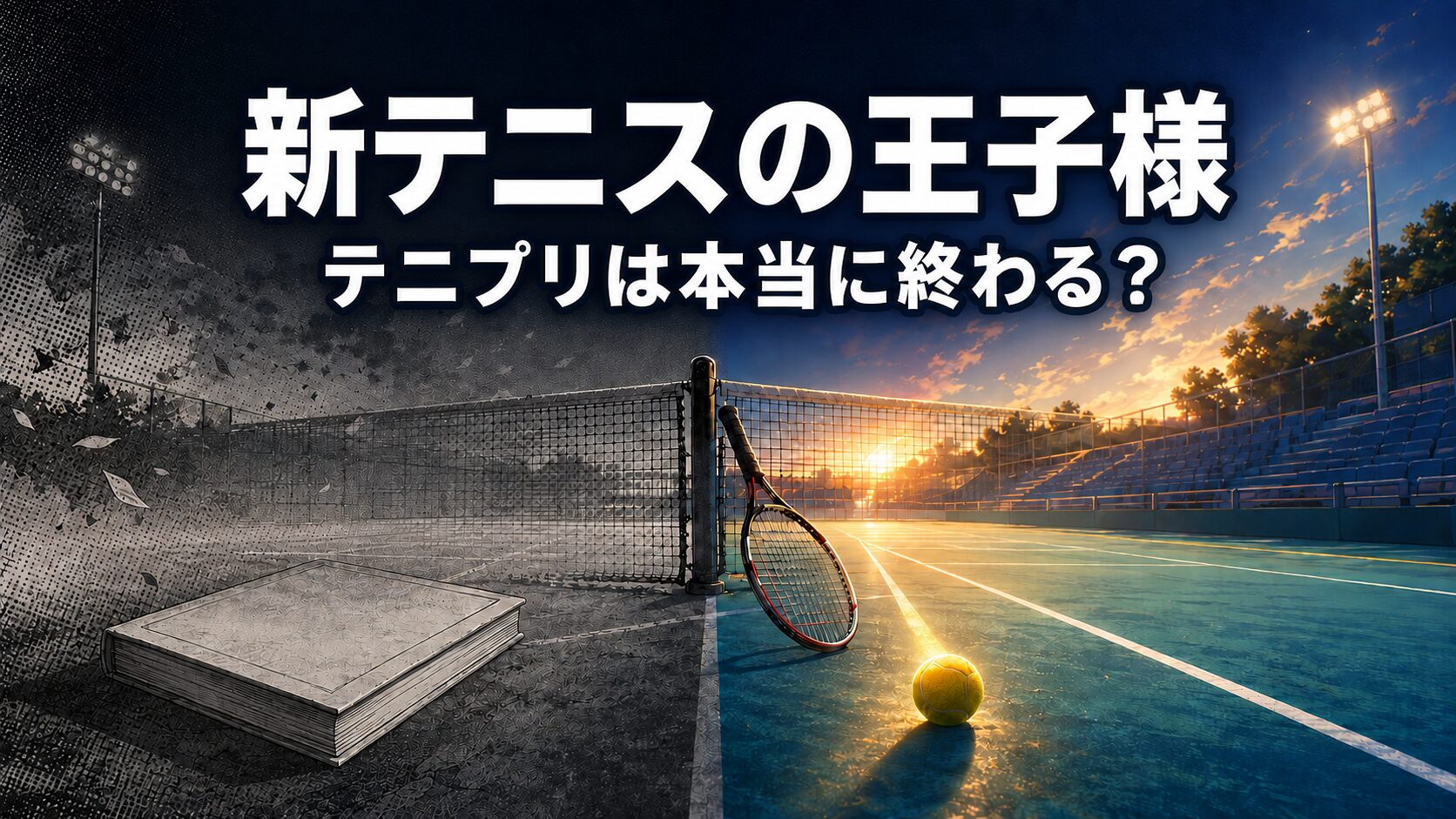 漫画の完結とアニメの継続を、モノクロからカラーへ変化するテニスコートで表現した画像