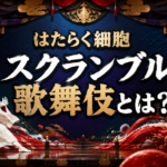 歌舞伎の舞台と抽象的な細胞を組み合わせ、『はたらく細胞』の歌舞伎化を表現したイメージ