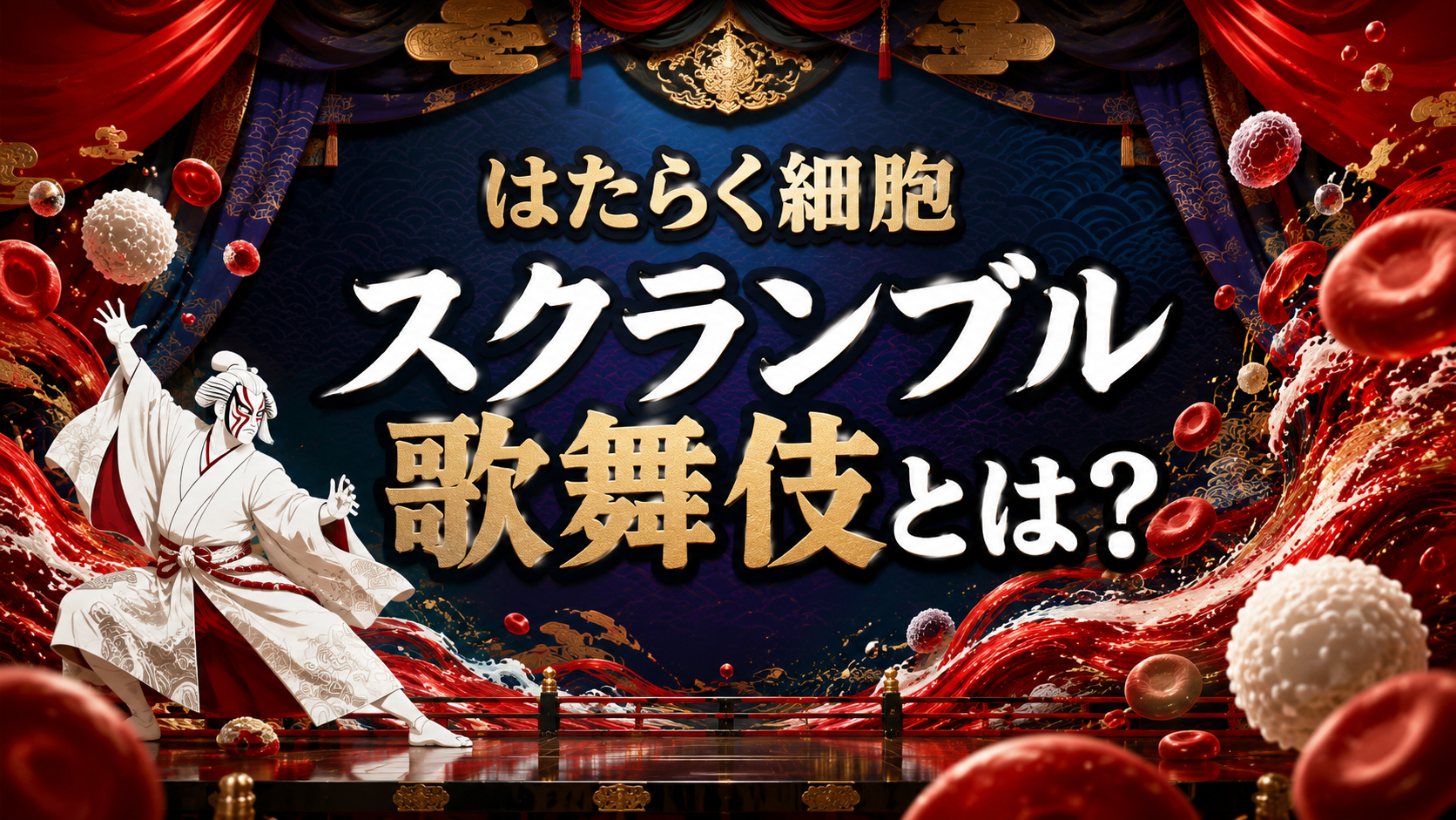 歌舞伎の舞台と抽象的な細胞を組み合わせ、『はたらく細胞』の歌舞伎化を表現したイメージ