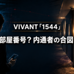 情報分析室とホテルの廊下を背景に、「VIVANT 1544」と部屋番号・内通者の合図を問うアイキャッチ画像