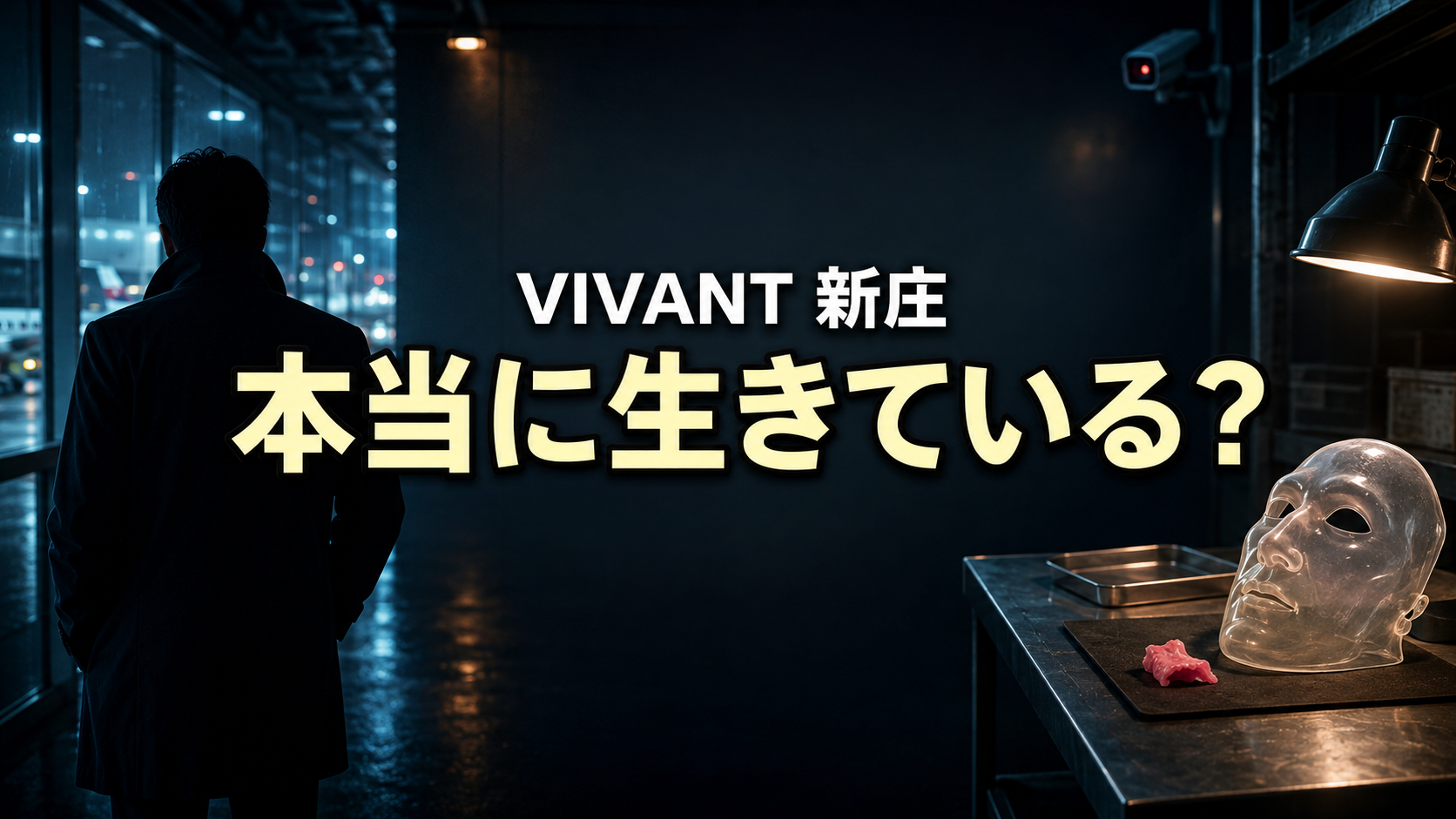 暗い空港通路の情報員と変装マスクで『VIVANT』新庄の生存説を表した画像