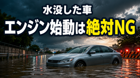 豪雨後の冠水路に残された水没車と、エンジン始動禁止を知らせるイメージ