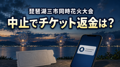 夜の琵琶湖と三か所の花火、チケットとスマートフォンを描いた大会中止・返金案内のイメージ