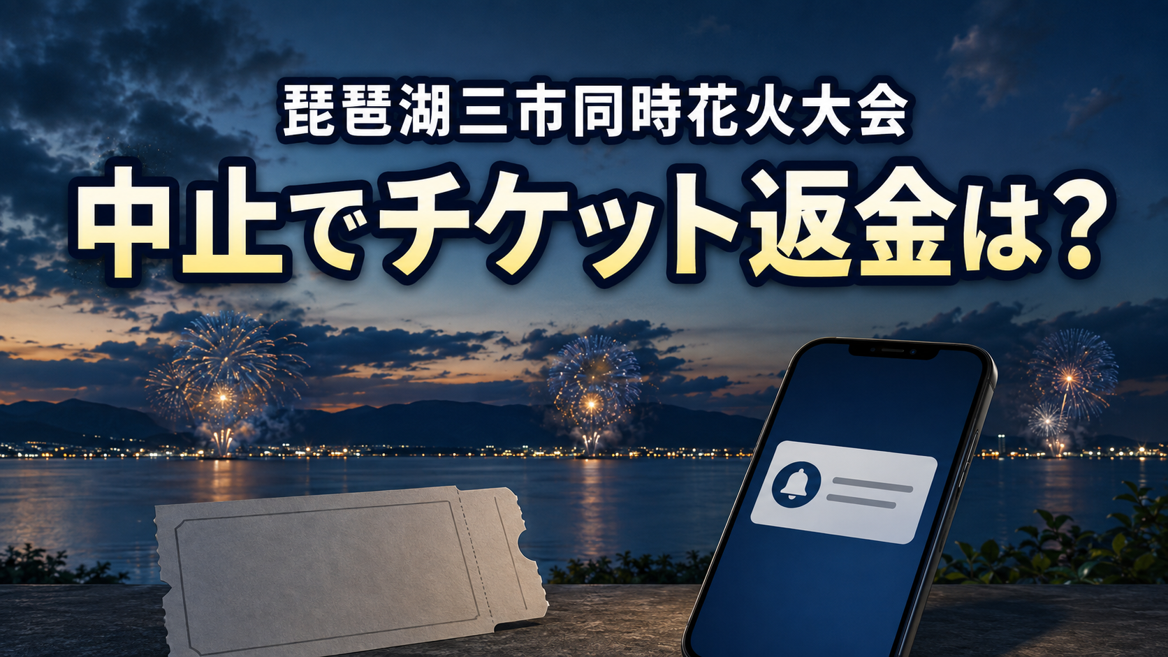 夜の琵琶湖と三か所の花火、チケットとスマートフォンを描いた大会中止・返金案内のイメージ