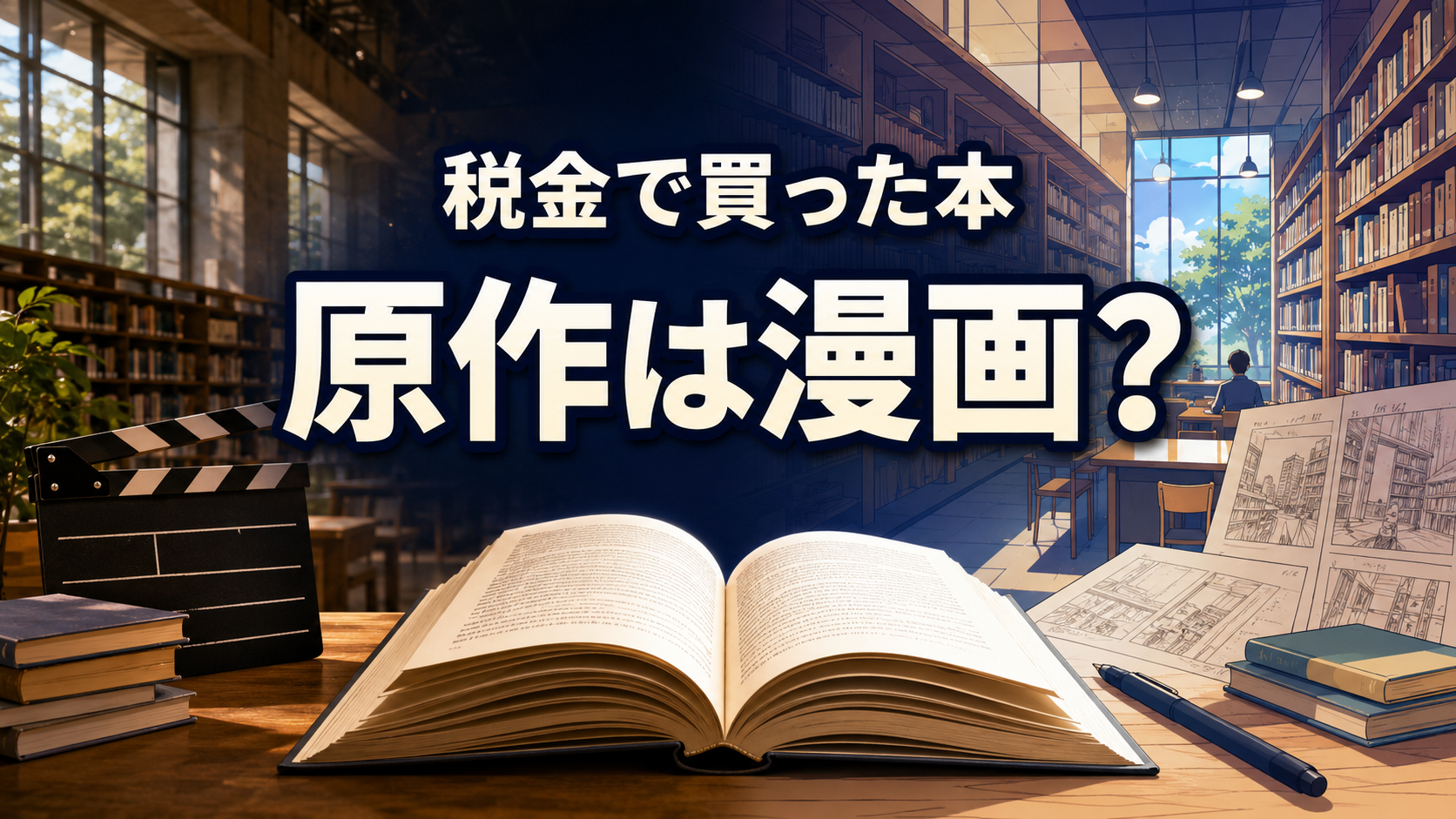 実写風とアニメ風に分かれた図書館を背景に「税金で買った本 原作は漫画？」と表示した画像