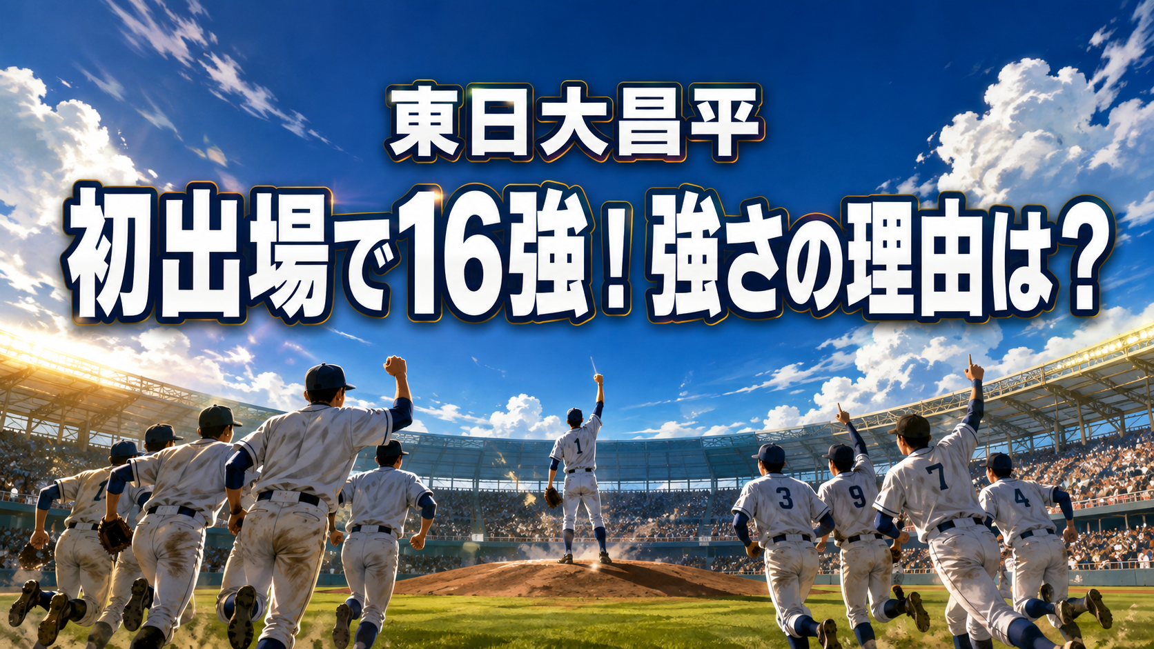 夏空の野球場で、無地のユニフォーム姿の高校球児がマウンドへ駆け寄るイラスト。「東日大昌平」「初出場で16強!強さの理由は?」の文字入り。
