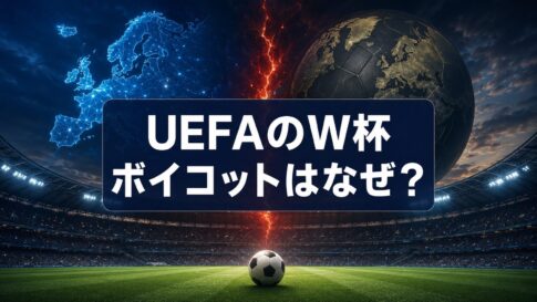 青く光る欧州地図と地球型のボールが対峙するスタジアムに「UEFAのW杯ボイコットはなぜ？」と表示された画像