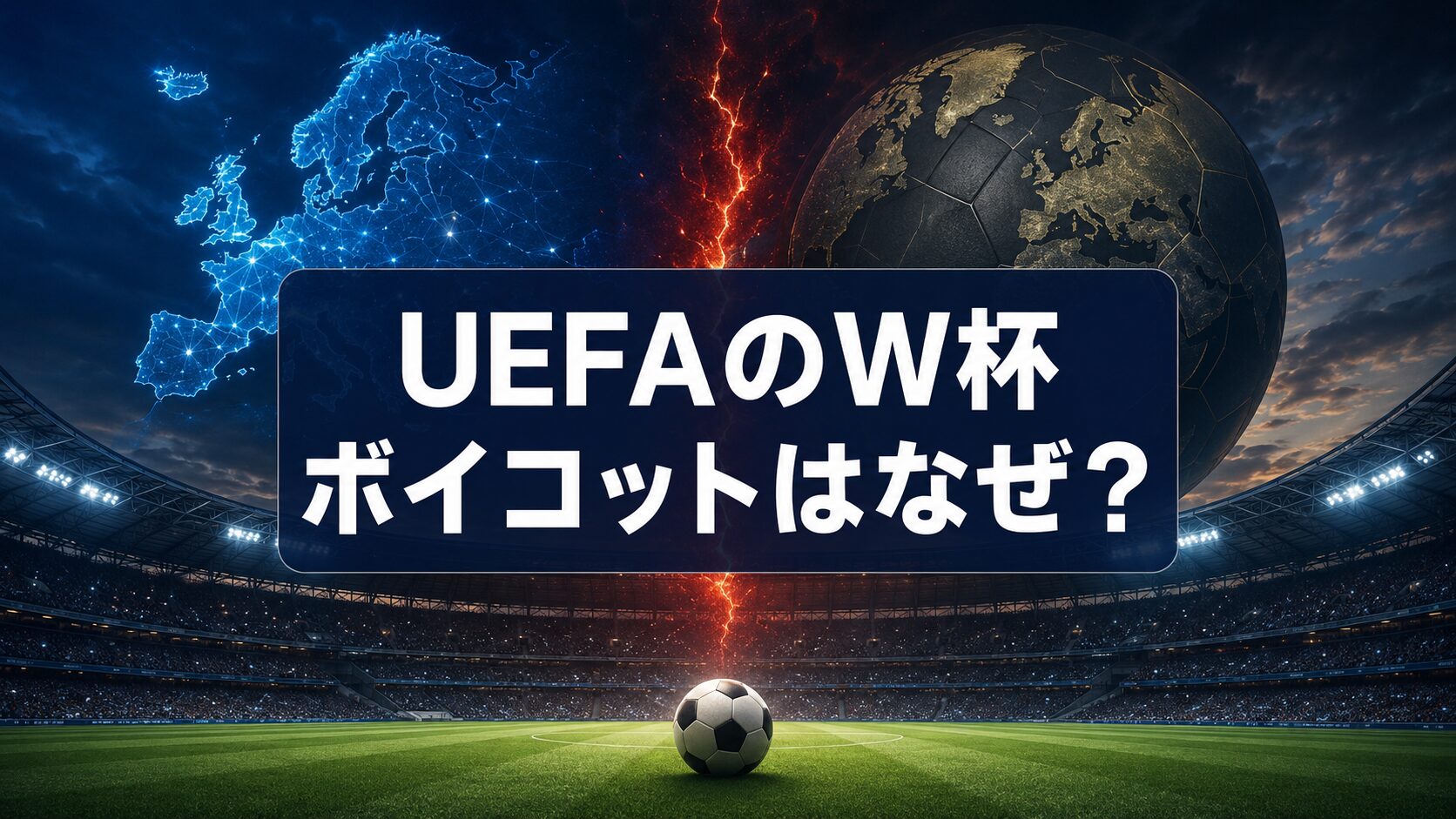 青く光る欧州地図と地球型のボールが対峙するスタジアムに「UEFAのW杯ボイコットはなぜ?」と表示された画像