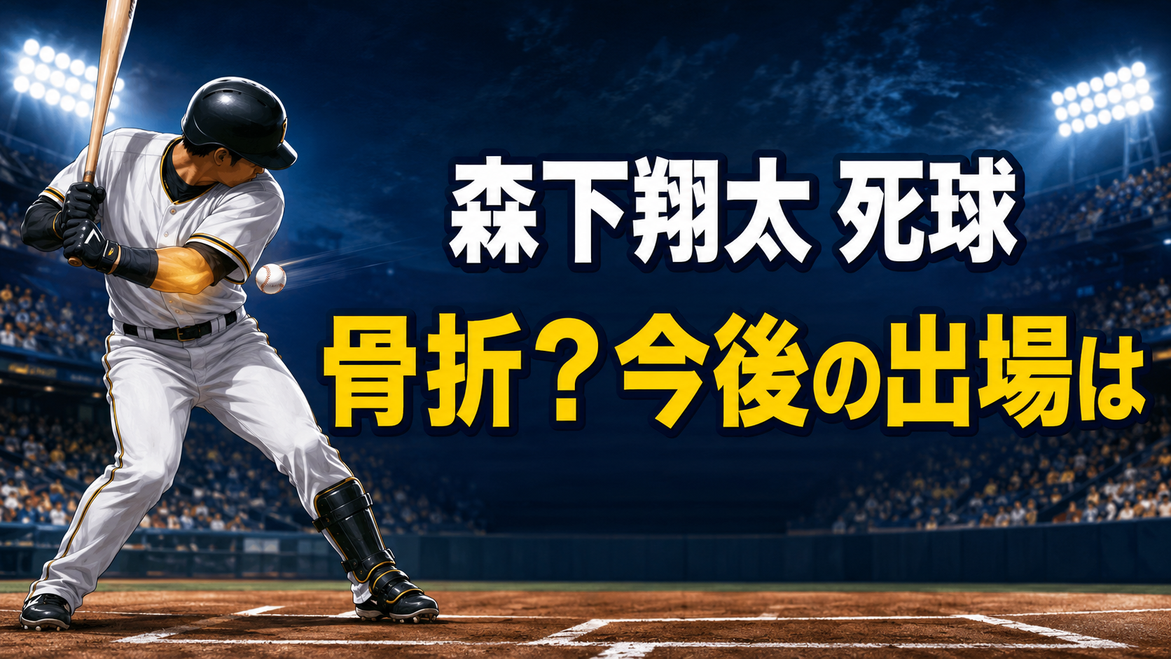 夜の野球場で右打者の左腕付近に球が当たり、骨折の有無と今後の出場を示したイラスト