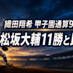 夕暮れの野球場で投球する選手の後ろ姿と、織田翔希の甲子園通算9勝を松坂大輔の11勝と比較する文字を配した画像