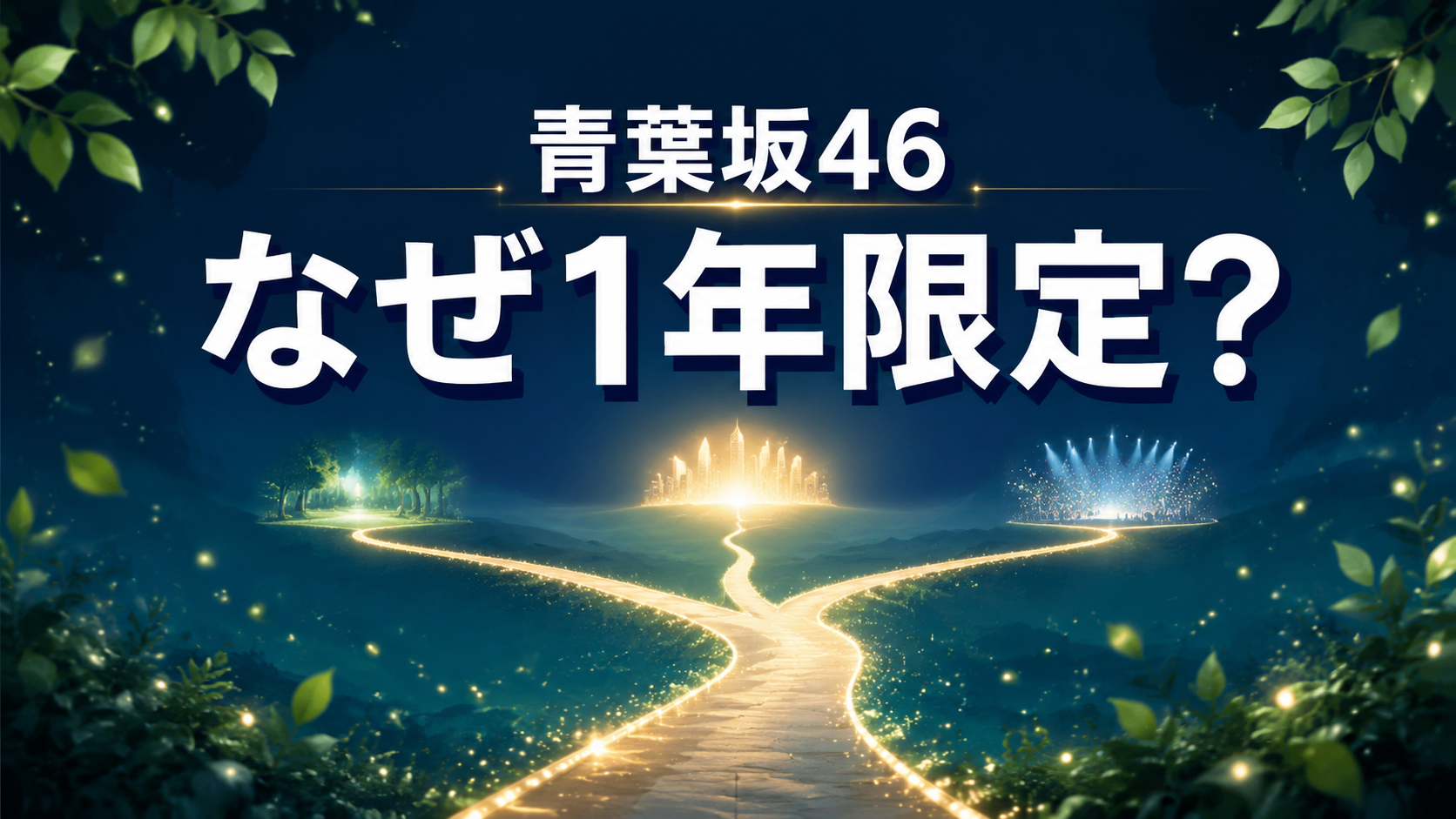 青葉と三方向へ分かれる光の道を背景に、「青葉坂46 なぜ1年限定?」と表示したアイキャッチ画像