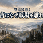 美濃へ急ぐ騎馬武者と賤ヶ岳の陣を守る武将を描いたアイキャッチ画像