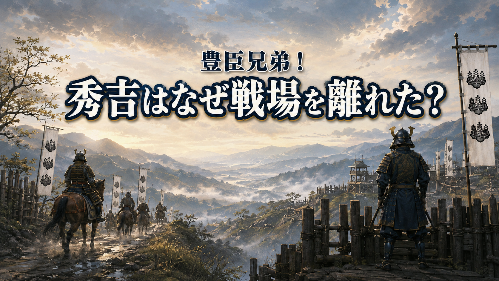 美濃へ急ぐ騎馬武者と賤ヶ岳の陣を守る武将を描いたアイキャッチ画像