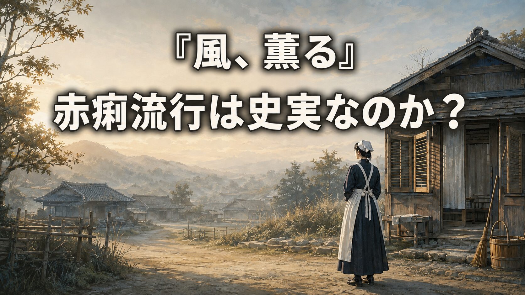 明治期の新潟の村と避病院を背景に、看護婦の後ろ姿と「赤痢流行は史実なのか?」の文字を描いたイラスト