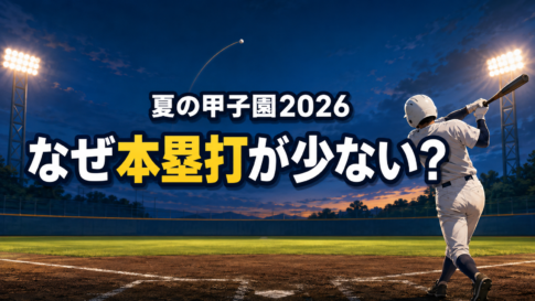 夕暮れの野球場で打者が打球を放ち、夏の甲子園2026で本塁打が少ない理由を示したイラスト