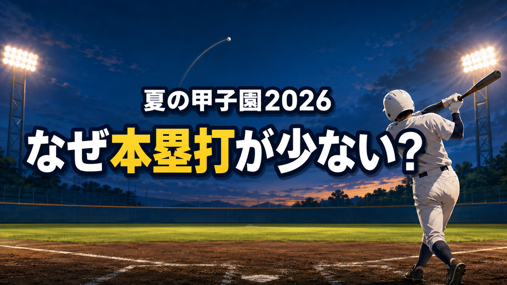 夕暮れの野球場で打者が打球を放ち、夏の甲子園2026で本塁打が少ない理由を示したイラスト