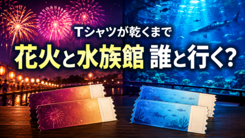 花火大会と水族館を左右に描き、2組のペアチケットを配置した『Tシャツが乾くまで』考察記事のアイキャッチ画像