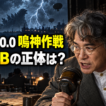 鳴神作戦を指揮する野田と、雷雲の中のゴジラや大型バルーンを描いたアイキャッチ画像