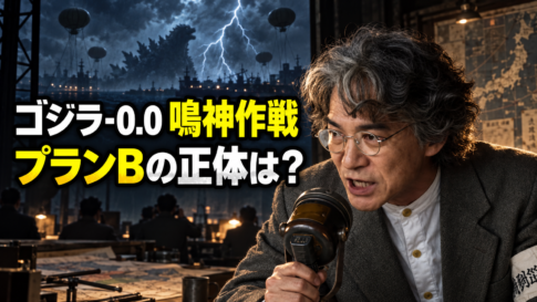 鳴神作戦を指揮する野田と、雷雲の中のゴジラや大型バルーンを描いたアイキャッチ画像