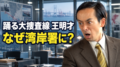 湾岸署を背景に、驚いた表情の王明才と「なぜ湾岸署に?」の文字を配置したアイキャッチ画像