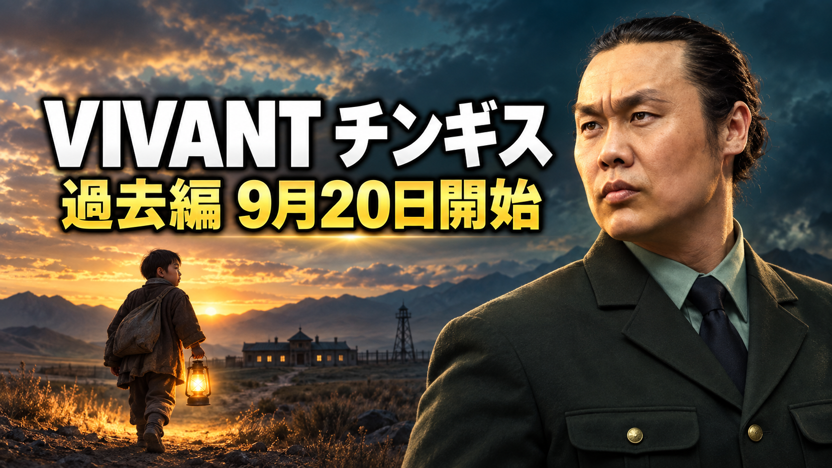 夕暮れの荒野をランタンを持って歩く少年と成長したチンギスを描き、「過去編 9月20日開始」と表示したアイキャッチ画像