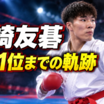 空手着姿で構える小崎友碁選手と「世界1位までの軌跡」の文字
