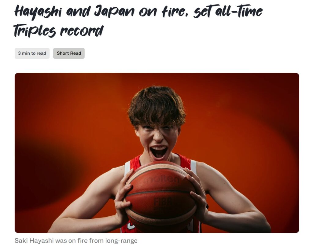 林咲希の記録を伝えるFIBAサイト｜Hayashi and Japan on fire, set all-time triples record